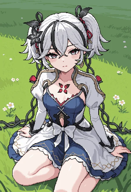 masterpiece, best quality, newest, pixel_art,
camellya, white hair, hair vines, streaked hair, multicolored hair, hair ornament, short twintails, black eyes, red pupils,
1girl, blue dress, closed mouth, cowlick, dress, flower, grass, juliet sleeves, long sleeves, looking at viewer, on grass, outdoors, puffy sleeves, sitting, solo, white dress, white flower, yokozuwari,
<lora:Camellya_sylphyAI_v10_Illustrious:1>
<lora:Pixel_Leonmitchelli_v01_Illustrious:0.85>