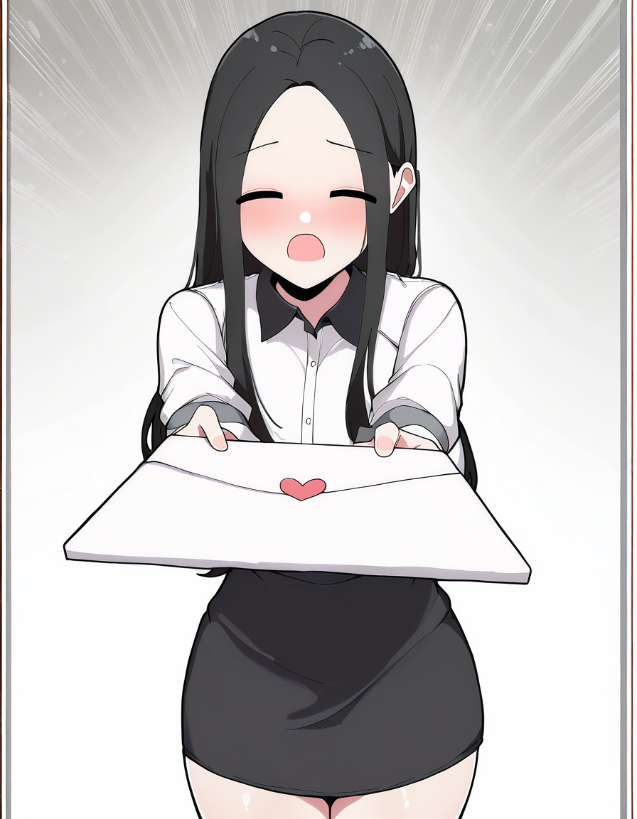 masterpiece, best quality, newest, absurdres, highres, safe,, <lora:yoo-jae-kyung-manhwa-illustriousxl-lora-nochekaiser:1>, yoo jae-kyung, long hair, large breasts, black hair, closed eyes, forehead,, <lora:love-letter-ponyxl-lora-nochekaiser:1>, love letter, heart, valentine, letter, confession, incoming gift, outstretched arms, closed eyes, shouting,, , cowboy shot, solo