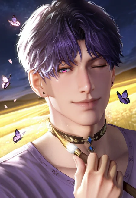 1boy, male focus, portrait, LADS_Rafayel, LADS_Rafayel_purple_hair, LADS_Rafayel_bluish_pink_eyes, choker, earrings, portrait, upright pose, expressive flirting face, eyes wide with hidden sorrow, one eye closed, blushing, lips parted as if about to speak, purple deep v shirt falling from shoulders, both hands gripping a glowing painterâs brush in mid-air, streaks of glowing watercolor, outside, night, fantasy golden field, sakura blossoms falling down, wind, liquid gold, luminous purple butterflies emerging from cracks, surreal moonlight illuminating body, from the side, looking at viewer, slightly from below, dynamic expression, dynamic angle, masterpiece, best quality, amazing quality, ultra-detailed, very awa, intrinsic background, high contrast, absurdres, cinematic lighting, realistic shading, intricate details, highly detailed, soft lighting, high contrast, depth of field, shiny skin, newest, <lora:LoveDeepSpace_Rafayel_r1:0.8>