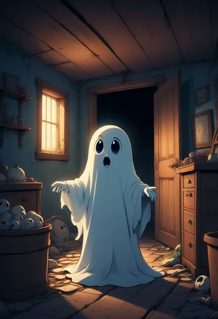 a cute ghost inside abandoned basement, cartoony, funny, detailed, magical, beautiful, depth of field, deep shadows, intricate,