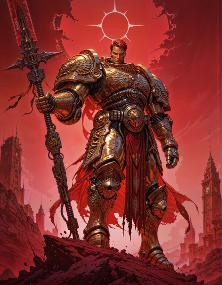 masterpiece, best quality,high quality, newest, highres,8K,HDR,absurdres, 1boy, iLLCustodes40k, old, short hair, solo, holding spear, gauntlets, power armor, golden armor, armored, red theme <lora:iLLMythM4gicalL1nes:0.8> M4gicalL1nes <lora:iLLCustodes40k:1>