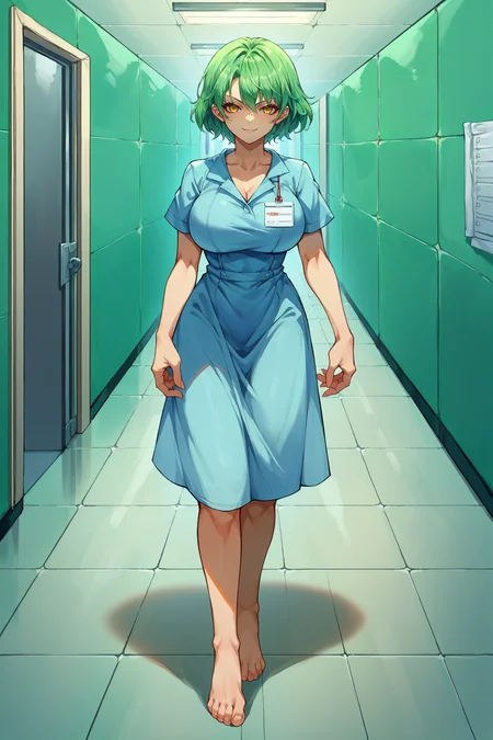 score_9, score_8_up, score_7_up, score_6_up, source_anime, 1girl, solo <lora:hikage-pdxl-nvwls-v1-000005:1> skhik, green hair, short hair, yellow eyes, large breasts, hospital gown, indoors, hospital, barefoot, full body, hallway, looking at you, smirk