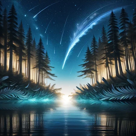 highest quality, forest made of feathers, starry sky, northern, sparkling water, shooting star <lora:Feathers:1>