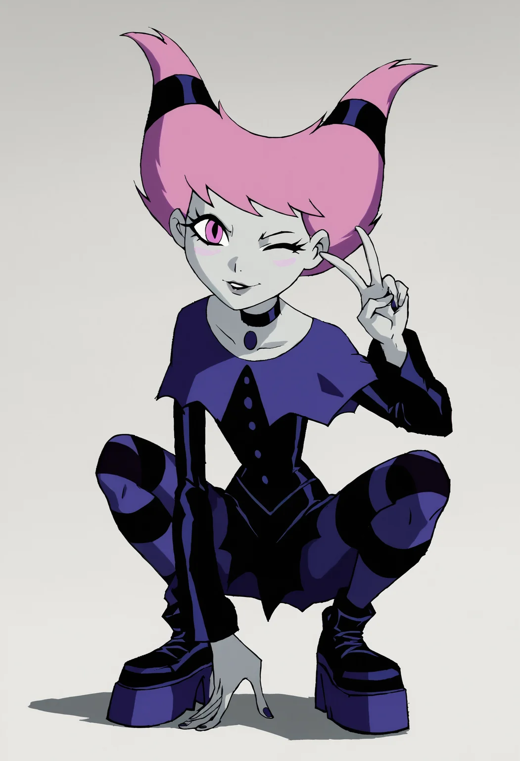 <lora:JinxTTPony1.2:0.9>Jinx, 1girl, solo, pink hair,pink eyes, official style, long sleeves, capelet,black dress chest jewel, choker, grey skin, hair ties,puckered lips, one eye closed, striped pantyhose,looking at viewer,   score_9, score_8_up, score_7_up, score_6_up, score_5_up, score_4_up, slav squatting, platform footwear, v,white background,