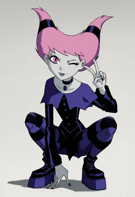 <lora:JinxTTPony1.2:0.9>Jinx, 1girl, solo, pink hair,pink eyes, official style, long sleeves, capelet,black dress chest jewel, choker, grey skin, hair ties,puckered lips, one eye closed, striped pantyhose,looking at viewer, score_9, score_8_up, score_7_up, score_6_up, score_5_up, score_4_up, slav squatting, platform footwear, v,white background,