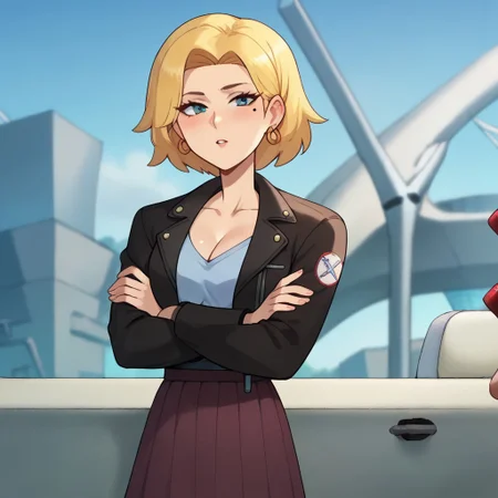 Expressiveh,zPDXL3,score_9_up, score_8_up, easynegative, score_7_up, kenergi artsyle, Expressiveh,Sasha,earrings,jacket,Skirt, mole under eye,1girl, big breast, crossed arms, blonde hair, solo,