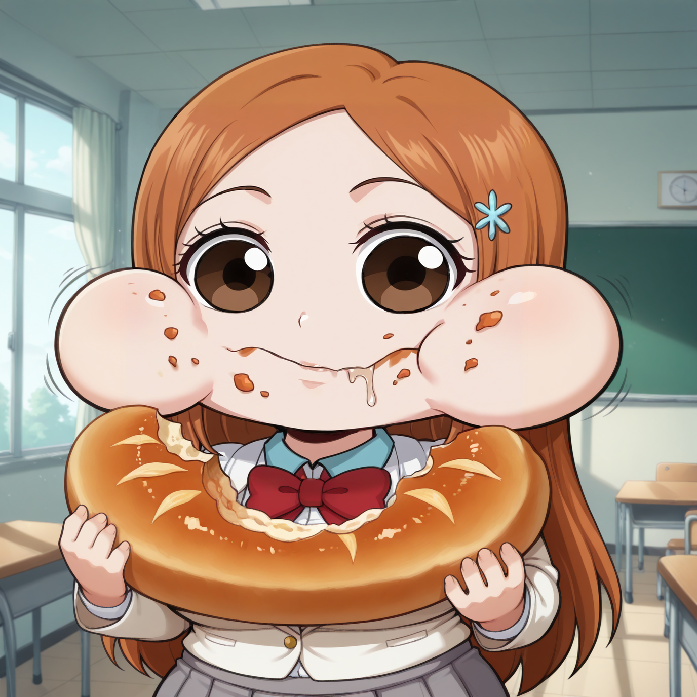 (masterpiece, amazing quality, best quality), <lora:blackwhiplash(bwl)-guy90-Illust-Lycorisv1:1>, blaash, <lora:stuffy_ai_style_illustrious_goofy:0.8>, motion lines, motion blur, 
1girl, solo, inoue orihime, long hair, orange hair, large breasts, brown eyes, parted bangs,
blazer, bow, bowtie, jacket, no shoes, pleated skirt, red bow, red bowtie, school uniform, 
indoors, goth bedroom, 
indoors, school, classroom, baord, window, 
 <lora:watermelon_reimu:1>, chibi style, exaggerated eyes, exaggerated expression, puffed cheeks, full cheeks, eating, stuffed mouth, food stains, food on face, drooling, cute, comedic expression, silly face, cartoonish, round eyes, closed mouth, chewing, munching, holding, holding bread, eating, food in hands, meme face, funny face, meme