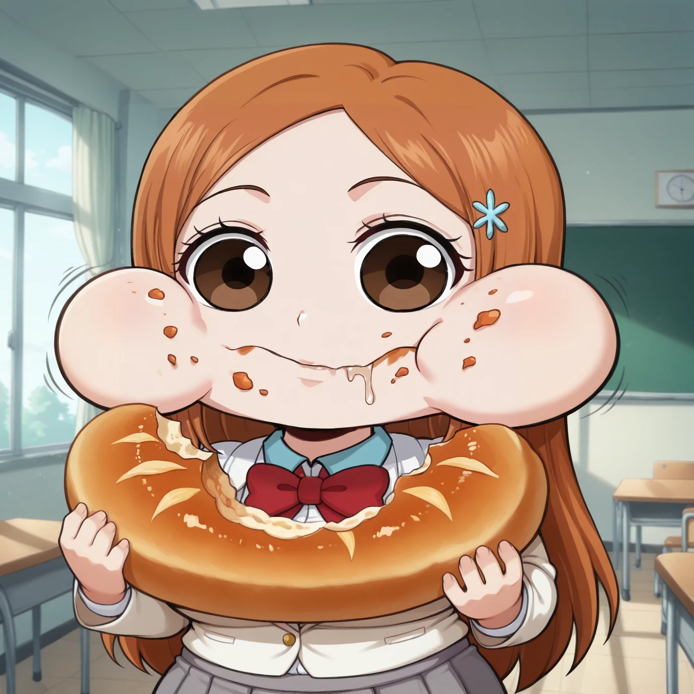 (masterpiece, amazing quality, best quality), <lora:blackwhiplash(bwl)-guy90-Illust-Lycorisv1:1>, blaash, <lora:stuffy_ai_style_illustrious_goofy:0.8>, motion lines, motion blur, 
1girl, solo, inoue orihime, long hair, orange hair, large breasts, brown eyes, parted bangs,
blazer, bow, bowtie, jacket, no shoes, pleated skirt, red bow, red bowtie, school uniform, 
indoors, goth bedroom, 
indoors, school, classroom, baord, window, 
 <lora:watermelon_reimu:1>, chibi style, exaggerated eyes, exaggerated expression, puffed cheeks, full cheeks, eating, stuffed mouth, food stains, food on face, drooling, cute, comedic expression, silly face, cartoonish, round eyes, closed mouth, chewing, munching, holding, holding bread, eating, food in hands, meme face, funny face, meme