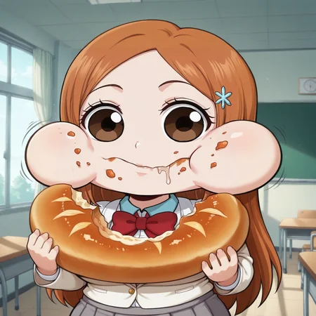 (masterpiece, amazing quality, best quality), <lora:blackwhiplash(bwl)-guy90-Illust-Lycorisv1:1>, blaash, <lora:stuffy_ai_style_illustrious_goofy:0.8>, motion lines, motion blur,
1girl, solo, inoue orihime, long hair, orange hair, large breasts, brown eyes, parted bangs,
blazer, bow, bowtie, jacket, no shoes, pleated skirt, red bow, red bowtie, school uniform,
indoors, goth bedroom,
indoors, school, classroom, baord, window,
<lora:watermelon_reimu:1>, chibi style, exaggerated eyes, exaggerated expression, puffed cheeks, full cheeks, eating, stuffed mouth, food stains, food on face, drooling, cute, comedic expression, silly face, cartoonish, round eyes, closed mouth, chewing, munching, holding, holding bread, eating, food in hands, meme face, funny face, meme