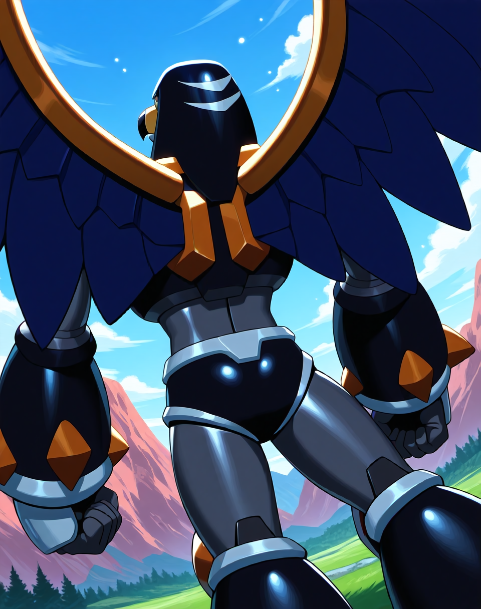 <lora:Flame_Falcon_(Mega_Man_X)_(Illustrious)_(AD):1.35> Flame Falcon, reploid, MMX, 
exterior, blue sky with clouds, mountain valley, grassy valley,
dutch angle, dynamic action, cowboy shot, back view, butt, 
male focus, intense shadows, dynamic shadows, intricate details, attention to details, gradient coloring, robot, bright vivid colors, deep metallic colors, glossy metal body, wings, beak, 
BREAK very awa, masterpiece, best quality, amazing quality, very aesthetic, highres, absurdres,
EZRealPONYXL, zPDXL, Smooth Quality, lazynsfw,