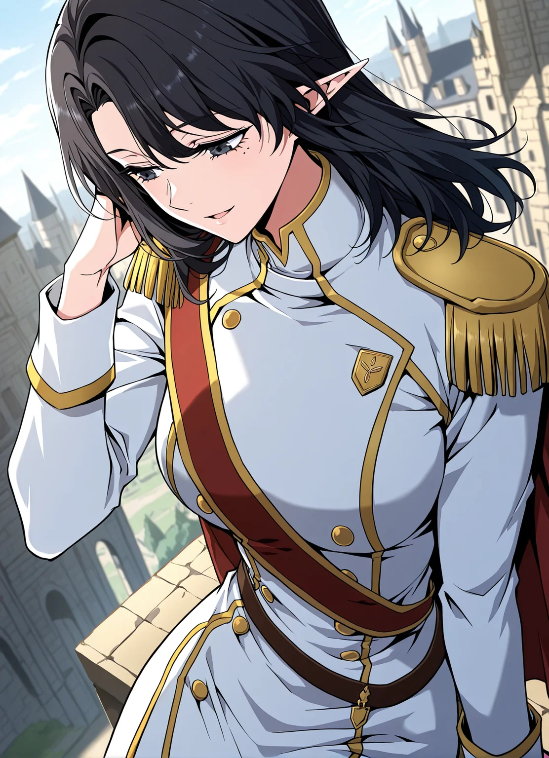 <lora:Aya_Grephin__The_Beginning_After_the_End__Illustrious:1>
1 girl, solo, female elf, medium length black hair, pointed ears, mole under left eye, black eyes,
white military uniform with gold trim, gold shoulder pads, red sash, high collar, double-breasted buttons, golden epaulettes, detailed uniform folds,
score_9, score_8_up, score_7_up, very aesthetic, source_anime, detailed, high quality, beautiful, masterpiece, detailed eyes, castle, village, blurry background, cityscape, pose dynamic angle, light smile, open mouth, hand on hair, sitting