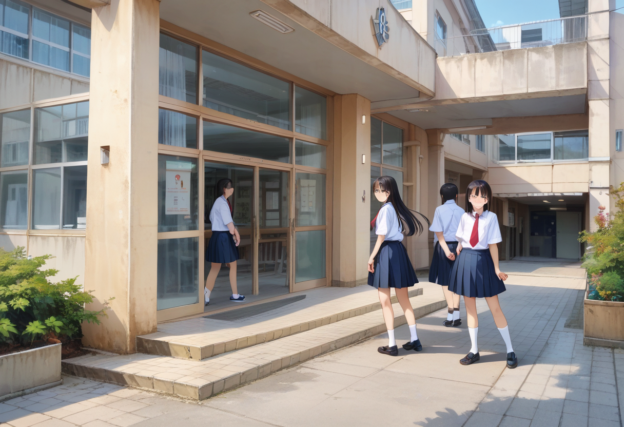 score_9, score_8_up, score_7_up, rating_safe, masterpiece, best quality, absurdres, unity 8k wallpaper, official art, official style, source_anime, uncensored, game cg, megami magazine,
multiple girls, glasses, black hair, long hair, blue eyes, collared shirt, red necktie, pleated skirt, blue skirt, socks, shoes, 
genkan, syoukouguchi, scenery, building, window, school, tree, japan, door, cityscape, city, sky, outdoors
 <lora:gakkou_syokoguchi_PONY_V1:1>