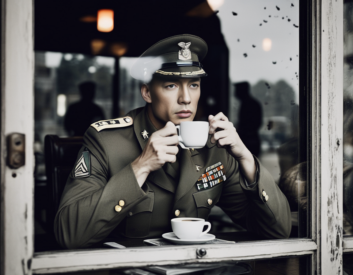 A photorealistic image of a man in full military uniform sitting in front of a large glass window. The man should be visibly drinking coffee from a mug or cup. His facial expression should be detailed, capturing a mix of emotions such as contemplation, fatigue, or resolve. The glass window should serve as a reflective surface, displaying the haunting image of a war-torn battlefield with ruins and debris. The lighting should be subtle yet effective, highlighting the man's face and the reflection on the window. The military uniform should be detailed, showing patches, badges, or insignia that indicate rank or affiliation. The overall atmosphere should evoke a sense of contrast between the calm interior and the chaotic exterior reflected in the window,<lora:windowsback2:0.65>