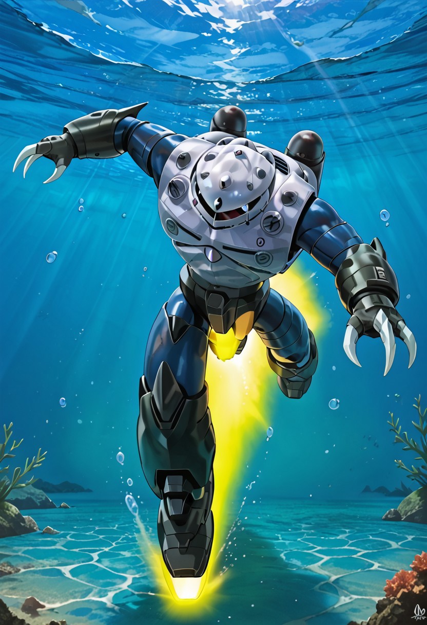 score_9, score_8_up, score_7_up, source_anime, front view, BREAK, ( zgok, white monoeye, looking down, running, running pose, ballast tanks on back, ) 1mech, mech focus, solo, BREAK, underwater, bubbles, ocean floor, yellow energy burst,