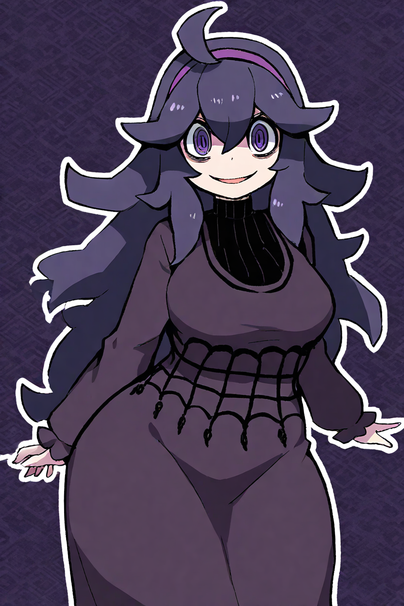 masterpiece, best quality, absurdres, medium breasts, (curvy), cute, eyelashes,      vivid colors,   BREAK,  ,,, , ,,,    hex maniac (pokemon),   long hair, ahoge, purple hairband, purple eyes, large breasts, long dress, <lora:HexManiacPokemonIXL:1.0>,  ,,,   , ,,,   smile, looking at viewer,  cowboy shot, ,,, abstract background, white outline, <lora:ZankuroIXLLight_v2:0.8>,