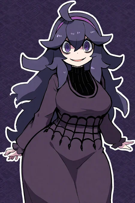 masterpiece, best quality, absurdres, medium breasts, (curvy), cute, eyelashes,      vivid colors,   BREAK,  ,,, , ,,,    hex maniac (pokemon),   long hair, ahoge, purple hairband, purple eyes, large breasts, long dress, <lora:HexManiacPokemonIXL:1.0>,  ,,,   , ,,,   smile, looking at viewer,  cowboy shot, ,,, abstract background, white outline, <lora:ZankuroIXLLight_v2:0.8>,