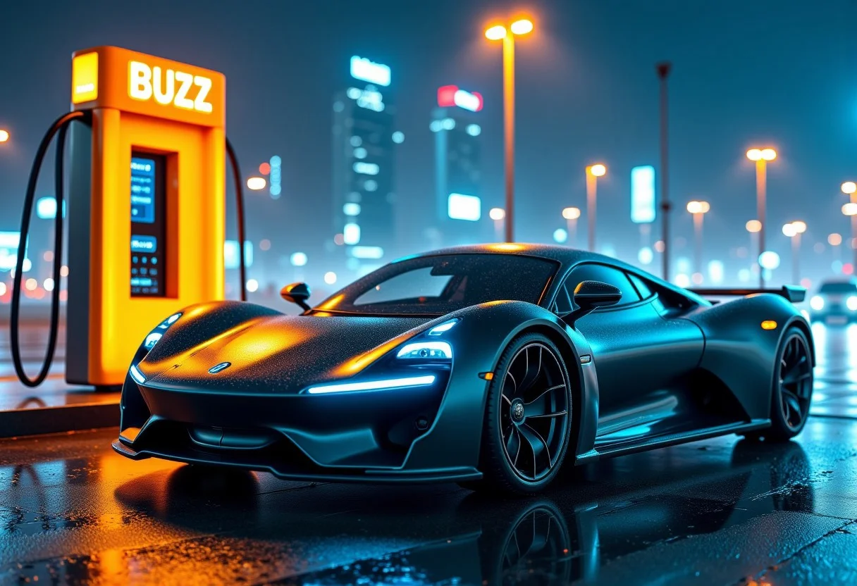 A sleek, futuristic speedy extremme flat supercar parked at a high-tech electric charging station under a neon-lit cityscape at night. The car has a glossy metallic finish with aerodynamic curves, glowing blue accents on its rims and headlights. A glowing yellow charging cable connects the station to the fuel door on the car, with the word "BUZZ" prominently illuminated in bright yellow on the cable. The charging station has a sleek, minimalist design, with holographic interface panels and glowing LED indicators. The setting is vibrant and modern, with a faint fog giving the scene a cinematic, cyberpunk vibe. Photorealistic rendering, ultra-detailed reflections, and realistic lighting,logo, text, sign that says, the word