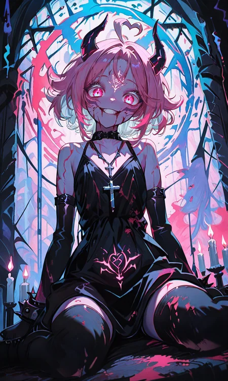 masterpiece,best quality,absurdres,very aesthetic,very awa,highres,newest,year 2024,year 2023,<lora:NLSTN-IL_1412568:1>,nlstn,<lora:illustrious_quality_modifiers_masterpieces_v1_956369:0.7>,<lora:ponyv4_noob1_2_adamW-000017:0.7>,<lora:spo_sdxl_10ep_4k-data_lora_webui:0.6>,<lora:add-detail-xl:0.9>,<lora:KonyaKarasue-000008:0.4>,<lora:Isha_Illus_XL_1131795:0.6>,ishaILXL,heart ahoge,pink eyes,skinny,multicolored hair,white hair,pink hair,24 yo,24 year old girl,white eyelashes,dynamic background,detailed,womb tattoo,dynamic_angle,flat chest,looking at viewer,facial mark,
horns,1girl,jewelry,solo,bracelet,thighhighs,candle,red eyes,sitting,wariza,colored skin,gloves,looking at viewer,smile,blood,spikes,elbow gloves,magic circle,dress,black thighhighs,pentagram,necklace,glowing,bare shoulders,short hair,cross,black dress,