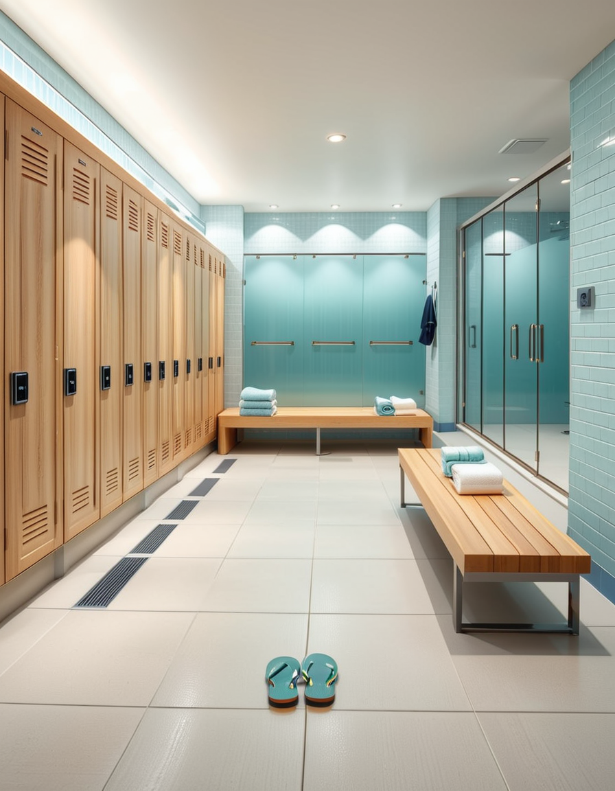 A realistic photograph of a modern swimming pool changing room, featuring clean, sleek design with white tiled walls and light blue accents. Rows of wooden benches with metal frames are neatly aligned in the center of the room. On the sides, there are individual lockers with glossy pastel-colored doors (light blue, mint green, and pale yellow), each with small number labels. Hooks are mounted on the walls, some holding neatly folded towels. The floor is made of non-slip gray tiles, slightly wet, reflecting the soft overhead LED lighting. The atmosphere is fresh and inviting, with a subtle fog from the pool area beyond a frosted glass door at the back. To the left side of the room, a large mirror spans the wall above a counter with built-in sinks, chrome faucets, and a few small bottles of hand soap. A subtle reflection of the interior is visible in the mirror. No people are present in the room. The lighting is bright but natural, as if itâs daytime with soft sunlight filtering through small high windows. The mood is calm, clean, and welcoming, captured with a high-resolution camera in photorealistic style. 
<lora:SDXLFaeTastic2400:0.4> <lora:extremely_detailed:0.4> extremely detailed,<lora:swimming_pool_ch4ng1ng_r00m:1>,swimming pool ch4ng1ng r00m, Masterpiece,best quality,hi res,8k,hi res,8k,award winning,(sharp focus, intricate, highly detailed),