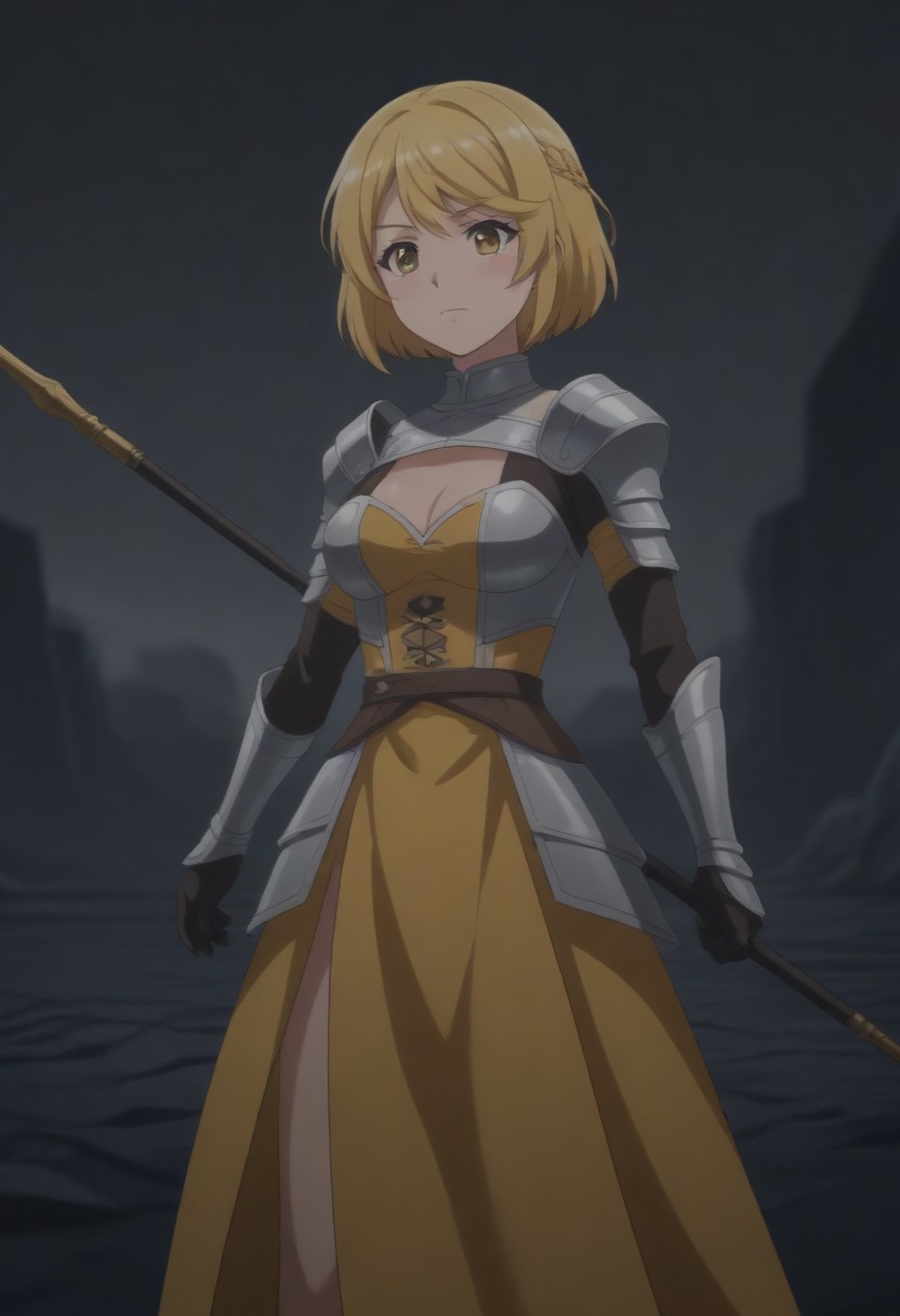 (outdoor, rubble, fantasy background, dim lighting:1.5), 
8k, super high vision:, intricate details, Super high quality, Super high resolution, masterpiece, full color, (anime art, anime screencap:1.5), 
super cute girl, super cute face, 
narrow waist, top heavy, tiny hips, small hips, skinny, tiny hips, hips, thigh, thighs, 
(brave perspective, holding spear, hold with both hands, hold a weapon in both hands, thunder spear, spear, flag, weapon bearer, dynamic:1.5), 
(female knight, dress armor:1.5), 
(beautiful breasts, medium breasts:1.5), 
(1girl, soro:1.5), 
(Jeanne, short hair, blonde hair, cowboy shot:1.5),