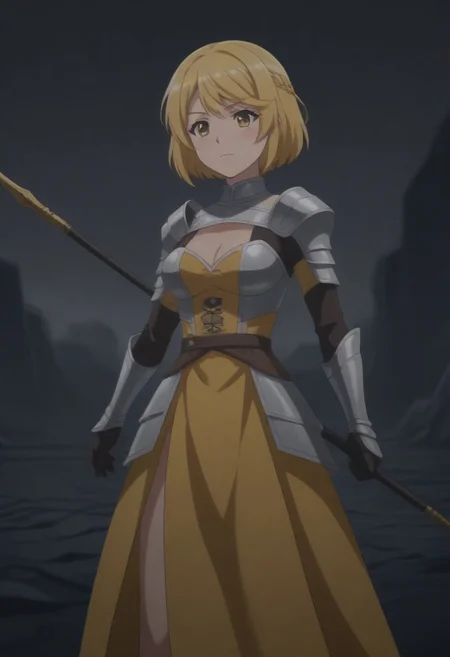 (outdoor, rubble, fantasy background, dim lighting:1.5),
8k, super high vision:, intricate details, Super high quality, Super high resolution, masterpiece, full color, (anime art, anime screencap:1.5),
super cute girl, super cute face,
narrow waist, top heavy, tiny hips, small hips, skinny, tiny hips, hips, thigh, thighs,
(brave perspective, holding spear, hold with both hands, hold a weapon in both hands, thunder spear, spear, flag, weapon bearer, dynamic:1.5),
(female knight, dress armor:1.5),
(beautiful breasts, medium breasts:1.5),
(1girl, soro:1.5),
(Jeanne, short hair, blonde hair, cowboy shot:1.5),