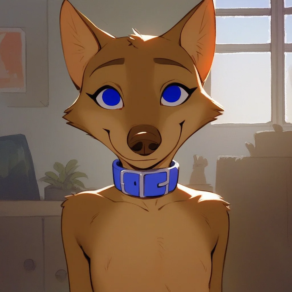 score_9, score_8_up, score_8, score_7, source_cartoon, source_furry, Taylor_T, solo, 1girl, anthro, female furry, canine, coyote, brown and tan fur, dark blue eyes, brown nose, fluffy tail, slim figure, flat chested, looking at viewer, bottomless, tube top, blue collar, standing, smile, sunny beam, living room background, next to window,