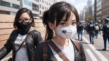 best quality, masterpiece, character sheet, anarchist girl, rebel, protester, face mask