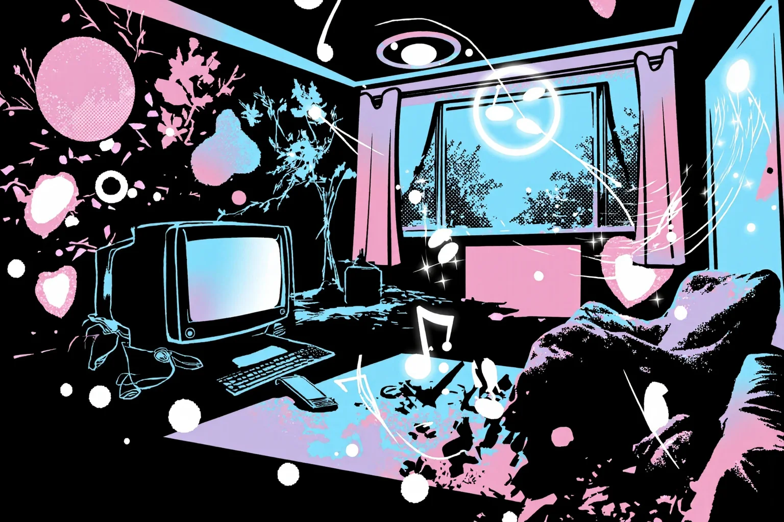 silhouetted empty bedroom with soft early 2000s decor, bean bag, CRT monitor glowing faintly, flip phone on the floor, posters peeling slightly from the walls, window letting in glowing cyan and pink light, surrounded by abstract swirls, floating bubbles, halftone gradients, floral ornaments, pixel hearts, glowing rings, and faint arrows, color palette of pale cyan, baby pink, soft lavender, and white over deep black background, thick white sticker-style outline around the entire composition, layered grunge textures mixed with dreamy elements, subtle sparkles and faded music notes drifting through the air, soft diagonal motion in the layout, evoking tender, bittersweet 2000s nostalgia in a liminal Frutiger Aero / Y2K vector art style.