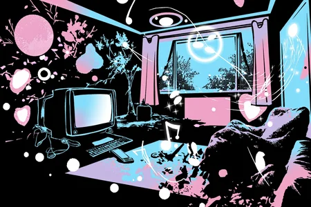 silhouetted empty bedroom with soft early 2000s decor, bean bag, CRT monitor glowing faintly, flip phone on the floor, posters peeling slightly from the walls, window letting in glowing cyan and pink light, surrounded by abstract swirls, floating bubbles, halftone gradients, floral ornaments, pixel hearts, glowing rings, and faint arrows, color palette of pale cyan, baby pink, soft lavender, and white over deep black background, thick white sticker-style outline around the entire composition, layered grunge textures mixed with dreamy elements, subtle sparkles and faded music notes drifting through the air, soft diagonal motion in the layout, evoking tender, bittersweet 2000s nostalgia in a liminal Frutiger Aero / Y2K vector art style.