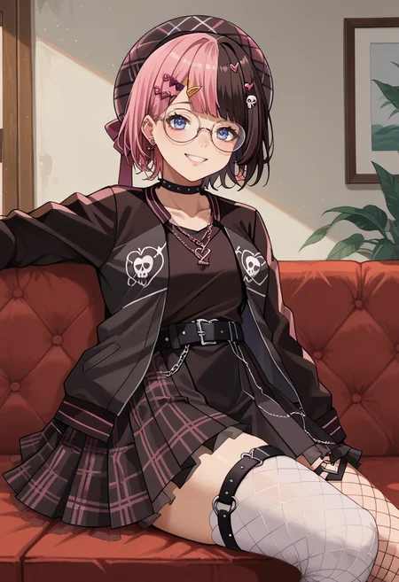 score_9, score_8_up, source_anime, 1girl, solo, HinanoPunk, two-tone hair, short hair, plaid beret, hat bow, hairclip, glasses, black choker, necklace, black jacket, black shirt, black belt, black skirt, asymmetrical legwear, thigh strap, fishnet thighhigh, striped thighhighs, indoors, on sofa, smile, <lora:ChamTachibanaHinanoPonyXL:1>