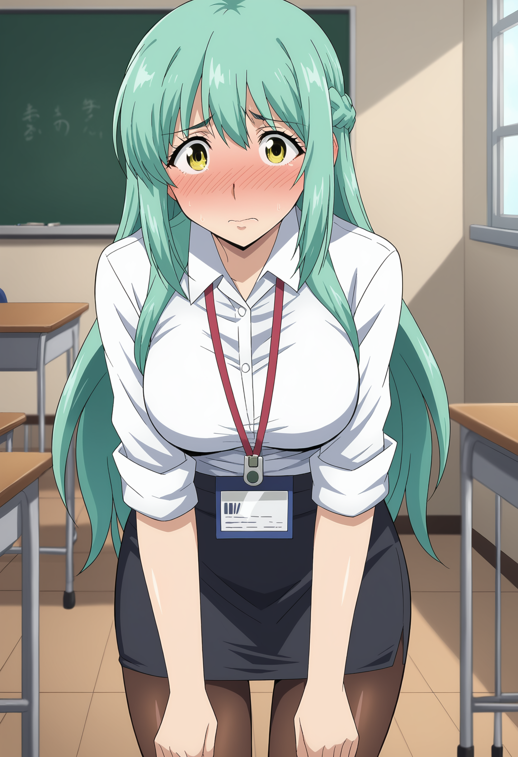 EBKuon, 1girl, solo, long hair, yellow eyes, braid, green hair, aqua hair, french braid, anime coloring, medium breasts, black skirt, blush, nose blush, embarrassed, shy, brown pantyhose, collared shirt, lanyard, pantyhose, pantyshot, pencil skirt, shirt, standing, sleeves 	rolled up, solo, white shirt, indoors, classroom, looking at viewer, 
 <lora:KuonShinsaki-04:1>, <lora:xl_more_art-full_v1:0.8>