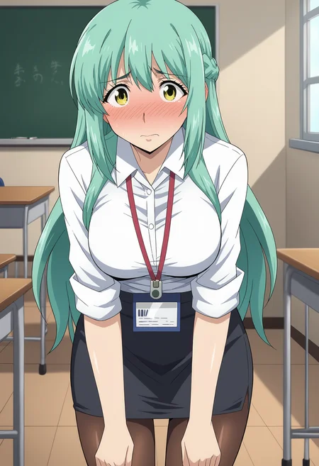 EBKuon, 1girl, solo, long hair, yellow eyes, braid, green hair, aqua hair, french braid, anime coloring, medium breasts, black skirt, blush, nose blush, embarrassed, shy, brown pantyhose, collared shirt, lanyard, pantyhose, pantyshot, pencil skirt, shirt, standing, sleeves 	rolled up, solo, white shirt, indoors, classroom, looking at viewer, 
 <lora:KuonShinsaki-04:1>, <lora:xl_more_art-full_v1:0.8>