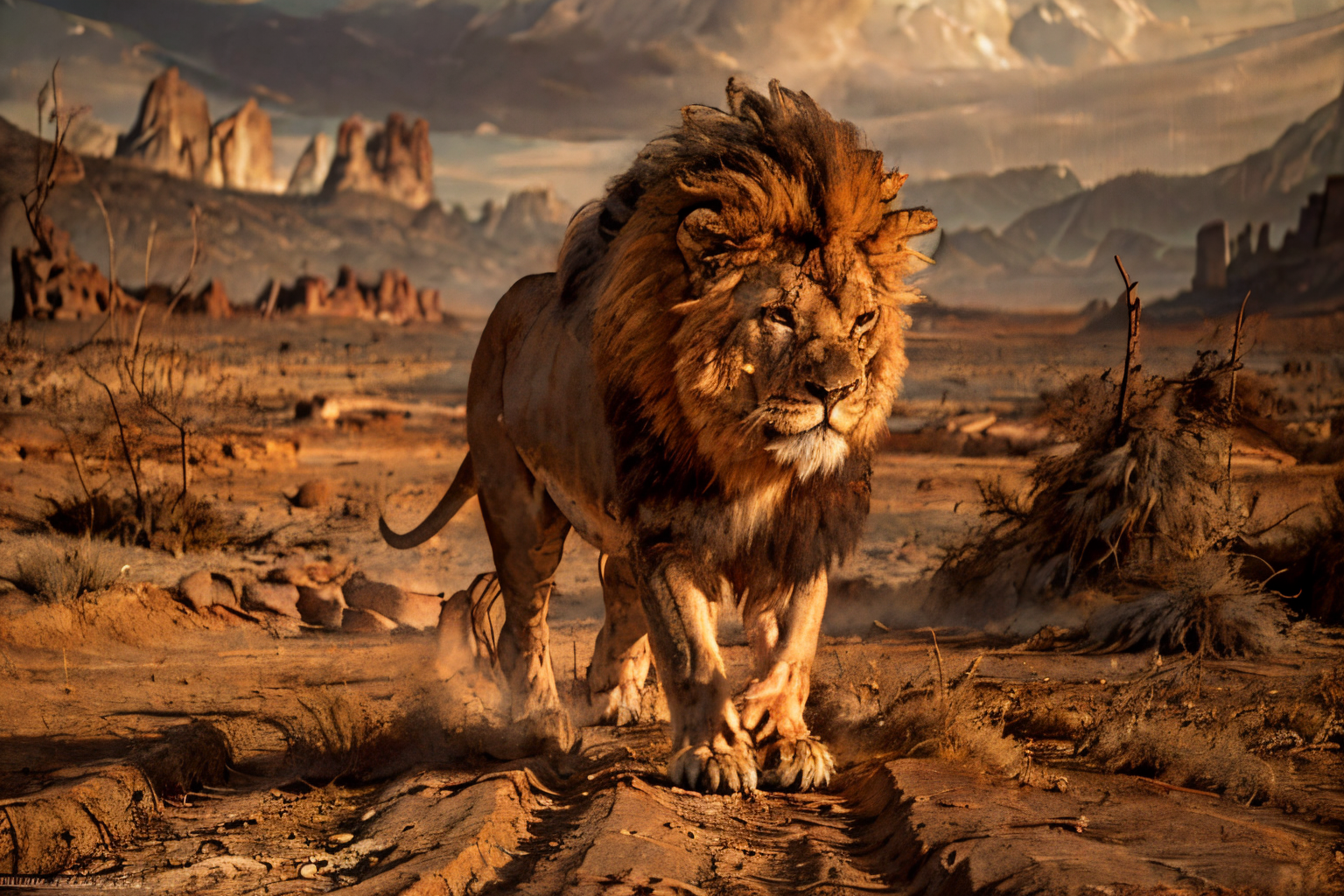 desert landscape (masterpiece, best quality:1.2), ultra-detailed, demon lion walking, (realistic:1.5), <lora:EdobLion_v1.0:0.8>  <lora:Hell2_v1.0:0.8>