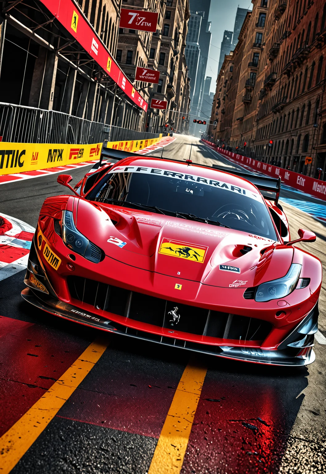 dynamic angle, masterpiece, award winning picture, Ferrari DTM car racing, futuristic background, hyper detailed, intricate, neon poster, artstation, epic, ultra detail, intricate details, UHD