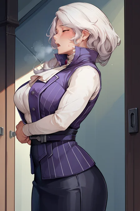 score_9, score_8_up, score_7_up, score_6_up, source_anime, 1girl, solo, <lora:willowschnee-pdxl-nvwls-v1-000008:1> rbWillow, white hair, high collar, purple vest, white shirt, ascot, long sleeves, black skirt, black pantyhose, mature female, large breasts, from side, closed eyes, blush, sweat, hallway, open mouth, heavy breathing
