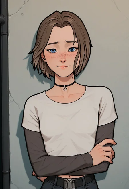 masterpiece,best quality,amazing quality,newest, absurdres, highres, detailed eyes, beautiful, perfect eyes, finely detailed face, very aesthetic, anime coloring, anime screencap, incoth, (incase:0.6), 
1girl, solo, 
RobynSpade, Short hair, Brown hair, freckles, blue eyes, slim, small breasts, 
black choker, 
short over long sleeves,  
black denim,
looking at viewer, soft smile,
arms crossed, leaning on a wall,
dynamic pose, dutch angle, close up,
cyberpunk street, neon street,