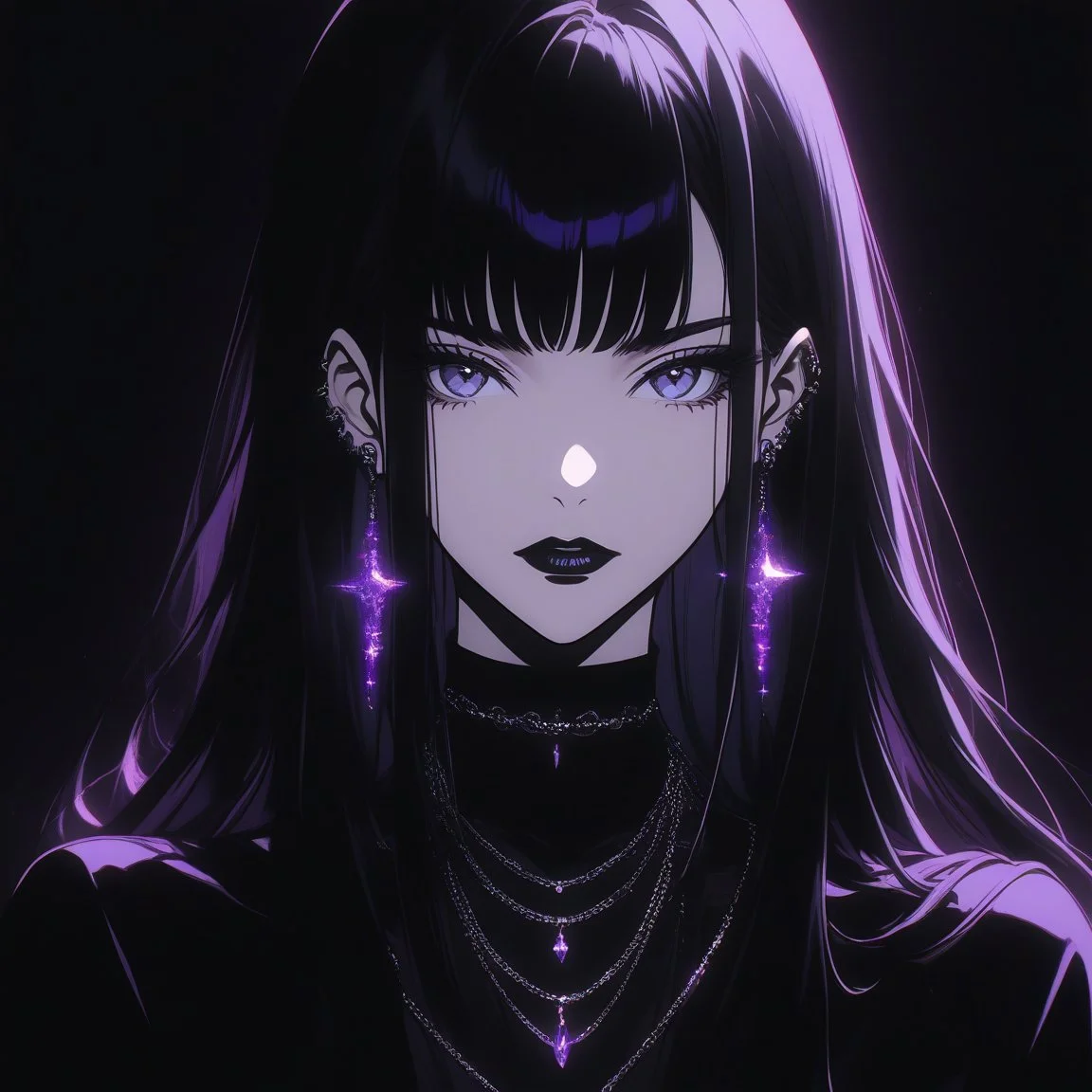 anime girl, best qulity, black hair, long hair, straight hair, purple eys, black lipstick, necklace, earrings, black outfit, dark background, <lora:gothic_girl:0.9>, <lora:GLSHS:0.8> GLSHS, partially illuminated