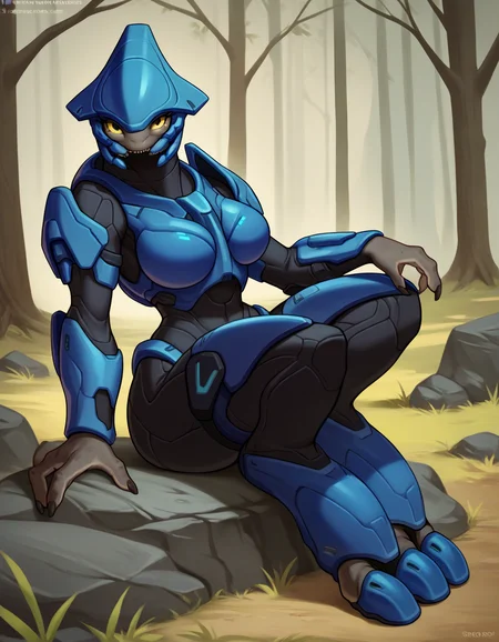 score_9, score_8_up, score_7_up, score_6_up, score_5_up, score_4_up, source_furry, sangheili, anthro, (female:1.2), solo, halo \(series\), armor, power armor, alien, thick thighs, yellow eyes, looking at viewer, outside, forest, field, black bodysuit, breasts, breastplate, helmet, sitting, sitting on rock, upper body, three-quarter portrait, leaning back, no headgear, blue armor, 2 toes,
<lora:sangheili_pdxl_:1>
