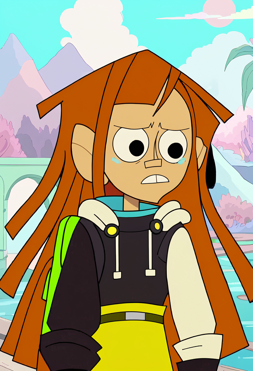 <lora:TwelveForever_Reggie_Pony:1.3>, reggie \(endless\), reggie \(twelve\), tearing up, reggie, twelve forever, 1girl, solo, orange hair, long hair, black eyes, bangs, wooden bridge, masterpiece, best quality, score_9, score_8_up, score_7_up