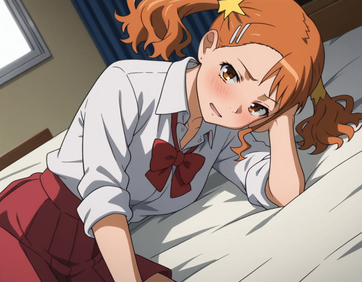 score_9, score_8_up, score_7_up, source_anime,
narukoanjou,  <lora:naruko-anjou-s1-ponyxl-lora-nochekaiser:1>,
naruko anjou, orange hair, twintails, brown eyes, hair ornament, star ornament, hair clip,
skirt, bow, school uniform, sleeves rolled up, red bowtie, shirt, white shirt, collared shirt, red skirt,
indoors, bed, bed room, on side, blush, drunk,
looking at viewer, solo, cowboy shot, dutch angle,