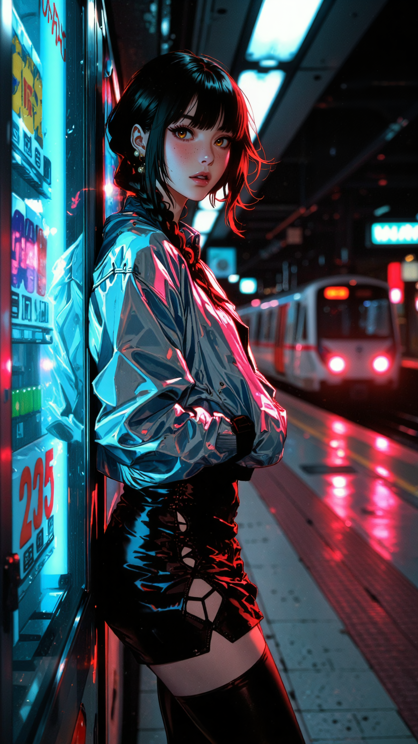 High-resolution anime-style illustration with bold painterly textures, vibrant metallic colors, and dynamic split lighting. A young woman stands in the dim glow of a futuristic subway station, leaning against a row of sleek, neon-lit beverage vending machines. Her metallic silver bomber jacket reflects the mix of cool cyan and fiery magenta lights, contrasting with the deep shadows around her. Her jet-black hair is styled into a loose side braid, with a few rebellious strands catching the electric glow of the flickering signs above. Her amber eyes gleam under the harsh split lighting, one side of her face bathed in deep blue, the other in warm pink, creating an intense, cinematic effect. She wears a fitted, high-waisted leather skirt with geometric cutouts and thigh-high stockings, exuding an effortlessly edgy look. The platform behind her is empty, save for the distant blur of a departing train, its headlights casting long, stretched shadows on the tiled floor. Reflections of shifting advertisements ripple across the glossy vending machines, their vibrant colors distorting in the polished surface, amplifying the surreal energy of the underground world <lora:Anime_Art_V3:0.7000000000000001> <lora:Evangelion_Post-impact_Apocalyptic_Style_Flux.1_D_by_AutoPastel-000019:0.9> <lora:Niji_anime_style_flux:0.6>