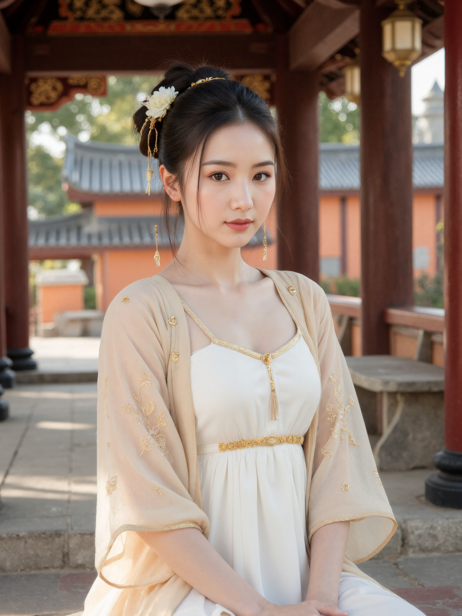 This is a high-resolution photograph showing a young Asian woman from the waist up, seated gracefully on a stone bench within a traditional Chinese pavilion. She wears a flowing light beige (cream-colored) hanfu with soft, gauzy sleeves and subtle embroidery of cloud and flower motifs along the edges.
ï»¿
Her posture is elegant, with her hands resting gently in her lap and her back straight. She gazes softly into the viewer, a calm and thoughtful expression on her face. Her dark hair is styled in an intricate traditional bun, adorned with jade hairpins, delicate golden chains, and floral accents.
ï»¿
The background features blurred architectural elementsâcarved wooden pillars, curved rooftops, and hanging lanternsâtypical of classical Chinese garden pavilions. The lighting is warm and diffused, casting soft shadows and giving a tranquil, timeless atmosphere. The composition is balanced, placing her slightly off-center to enhance the harmony of the scene.
<lora:aaaa\girlsmix_mxttly.safetensors:1>