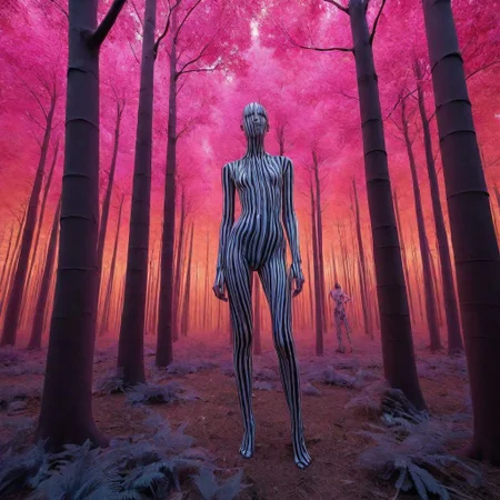 A surrealistic fusion of Reuben Wu's ethereal landscapes with Nick Knight's hyper-realistic models. A Synthetic forest of barcode trees, where creatures with Taro Okamoto's biomechanical limbs frolic and play. The sun sets in vibrant, electric hues, casting long, synthetic shadows that distort the Sharp Focus images of the models. In the distance, a satellite hovers, projecting old school designs onto the landscape, OverallDetail