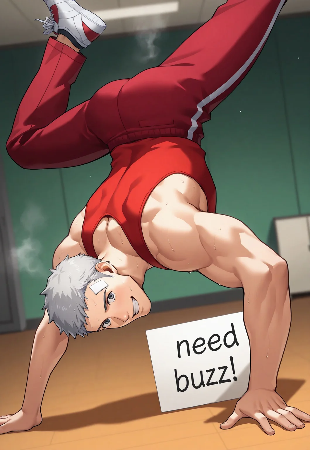 sfw, masterpiece, best quality, absurdres, newest, perfect quality, best quality, absolutely eye-catching, detailed background, intricate detail, source_anime,score_9, score_8_up, score_7_up BREAK
1boy, from behind, looking back at viewer, one handed hand stand, need_buzz, holding sign, dynamic action, dynamic angle, acrobatics
BREAK
1boy, male, akihiko sanada,silver hair,short hair,grey eyes,bandaid above left eye, red tanktop, red trackpants, muscular male,
proud look, smiling, winning,
visible steam, sweaty,
BREAK
indoors, gym