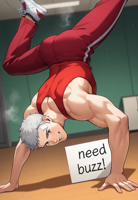 sfw, masterpiece, best quality, absurdres, newest, perfect quality, best quality, absolutely eye-catching, detailed background, intricate detail, source_anime,score_9, score_8_up, score_7_up BREAK
1boy, from behind, looking back at viewer, one handed hand stand, need_buzz, holding sign, dynamic action, dynamic angle, acrobatics 
BREAK
1boy, male, akihiko sanada,silver hair,short hair,grey eyes,bandaid above left eye, red tanktop, red trackpants, muscular male,
proud look, smiling, winning, 
visible steam, sweaty,
BREAK 
indoors, gym