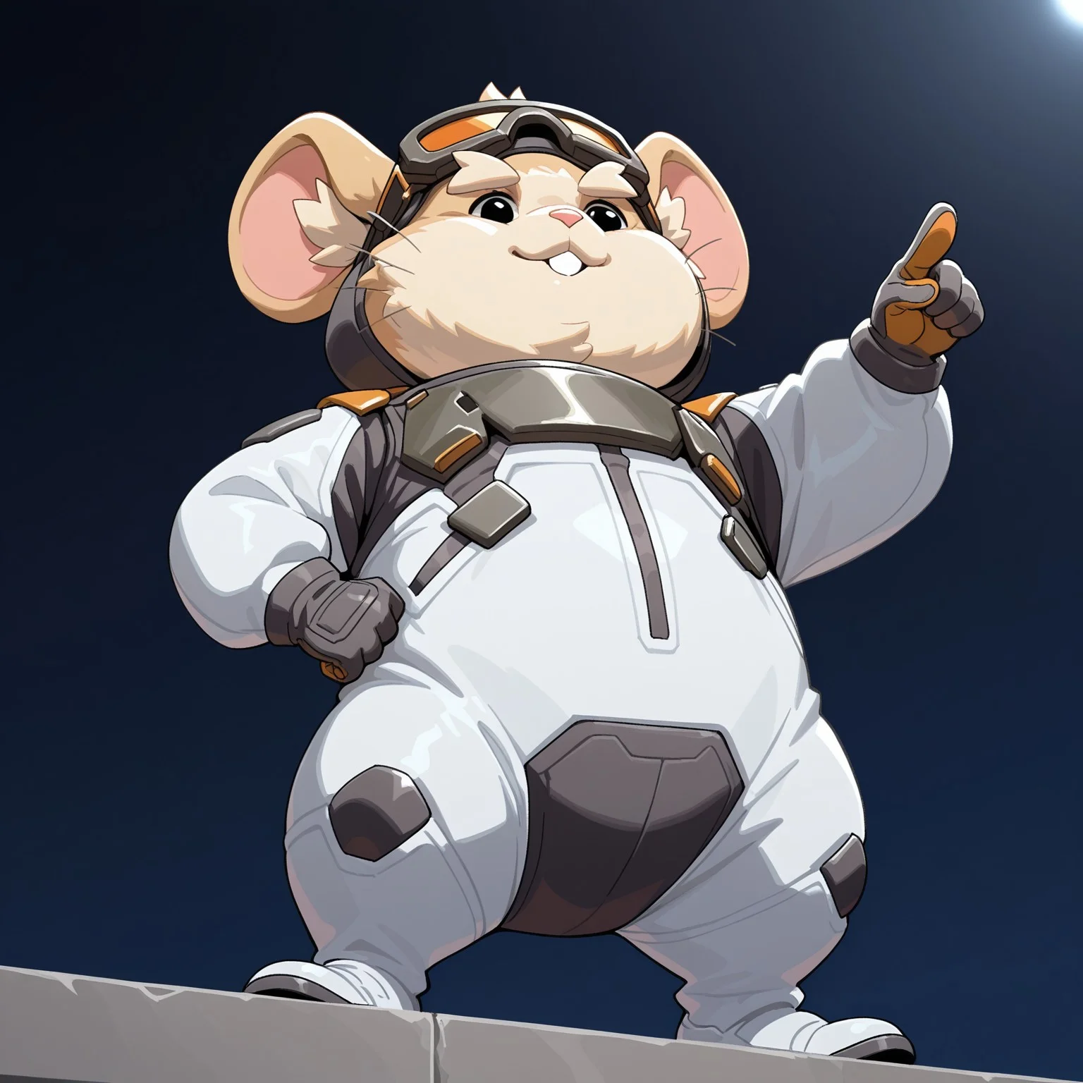 1boy, 2d, solo, Hammond, Hamster, Furry, Furry male, male, fluffy, black eyes, big ears, pink inner ears, white ear fluff, brown fur, white fur, two tone fur, pink nose, :3, whiskers, buckteeth, bodysuit, black hood, white and black spacesuit, goggles on head, black gloves

BREAK standing on ledge, pointing outwards, grin, standing, outside, from below, sun

BREAK best quality, amazing quality, very aesthetic, absurdres, newest, masterpiece, high quality