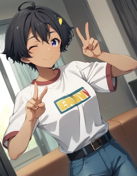 score_9, score_8_up, score_7_up, source_anime, BREAK
1girl, solo, looking at viewer, living room, dutch angle, one eye closed, v pose,
lemon yakishio, short hair, black hair, hair between eyes, ahoge, lemon hair ornament, purple eyes, dark skin,
white shirt, belt, blue jeans,
<lora:lemon_yakishio_anime_v3-soralz:1>