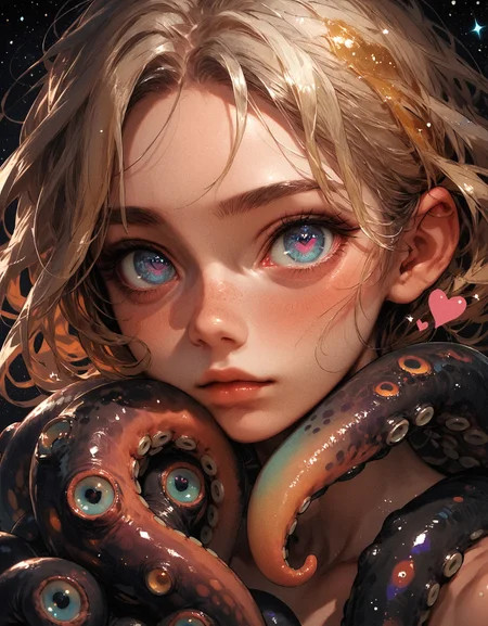 score_9, score_8_up, score_7_up, score_6_up, score_5_up, score_4_up,  girl and an octopus, (black:1.3) octopus, girl has blonde hair and blue eyes, pink heart, small eyes, galaxy, black background