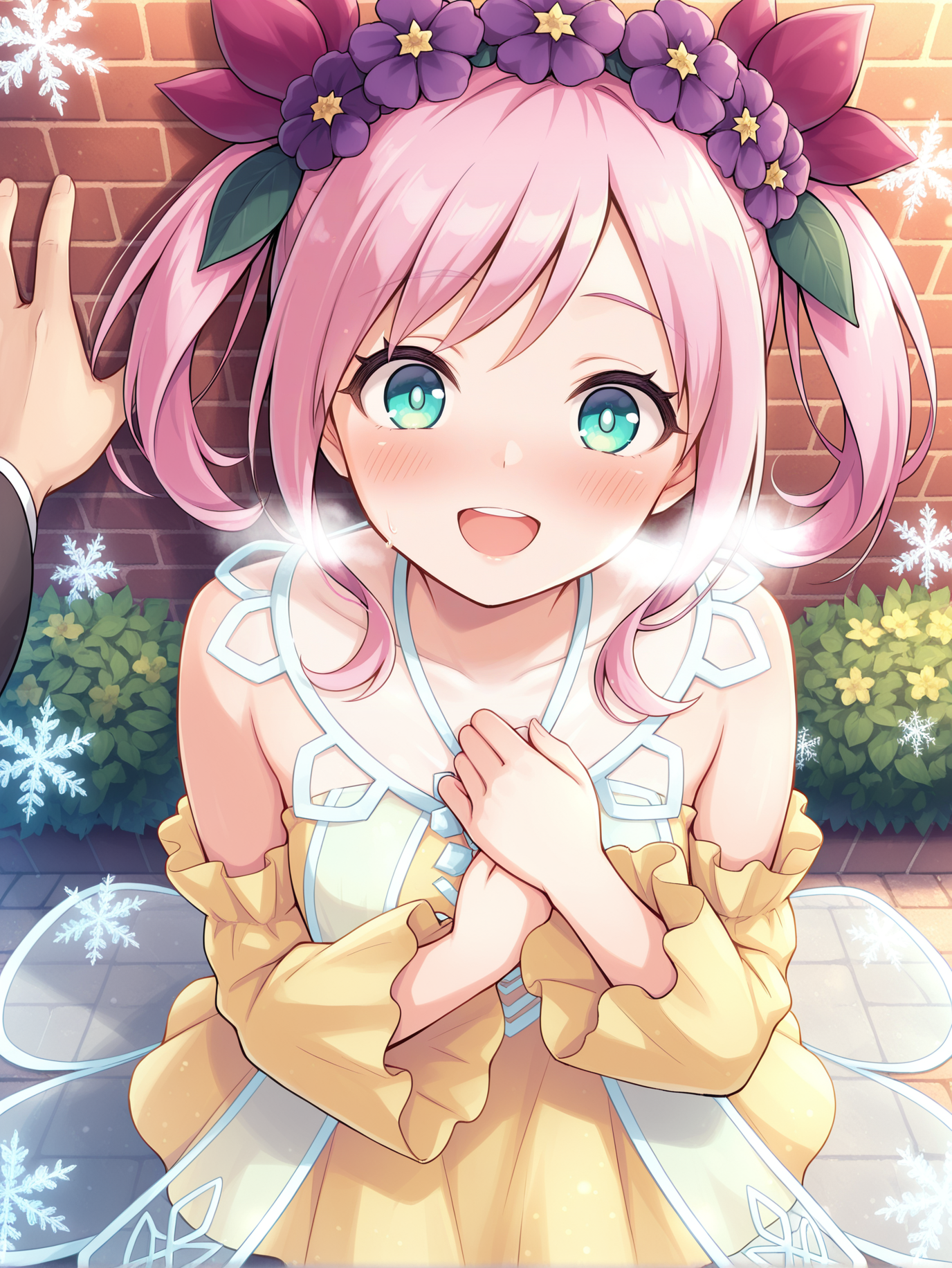 1girl,rikka queen strenna,solo,open mouth,smile,looking at viewer,blush,:d,winter,purple hair flower,see-through cape,yellow detached sleeves,yellow strapless dress,pov,from above,blush,breath,snowflakes,garden,1boy,kabedon,brick wall,hand on own chest, holding_hand
masterpiece,best quality,amazing quality,very aesthetic,absurdres,newest,<lora:Rikka Queen Strenna illusXL v1.1:0.7>,