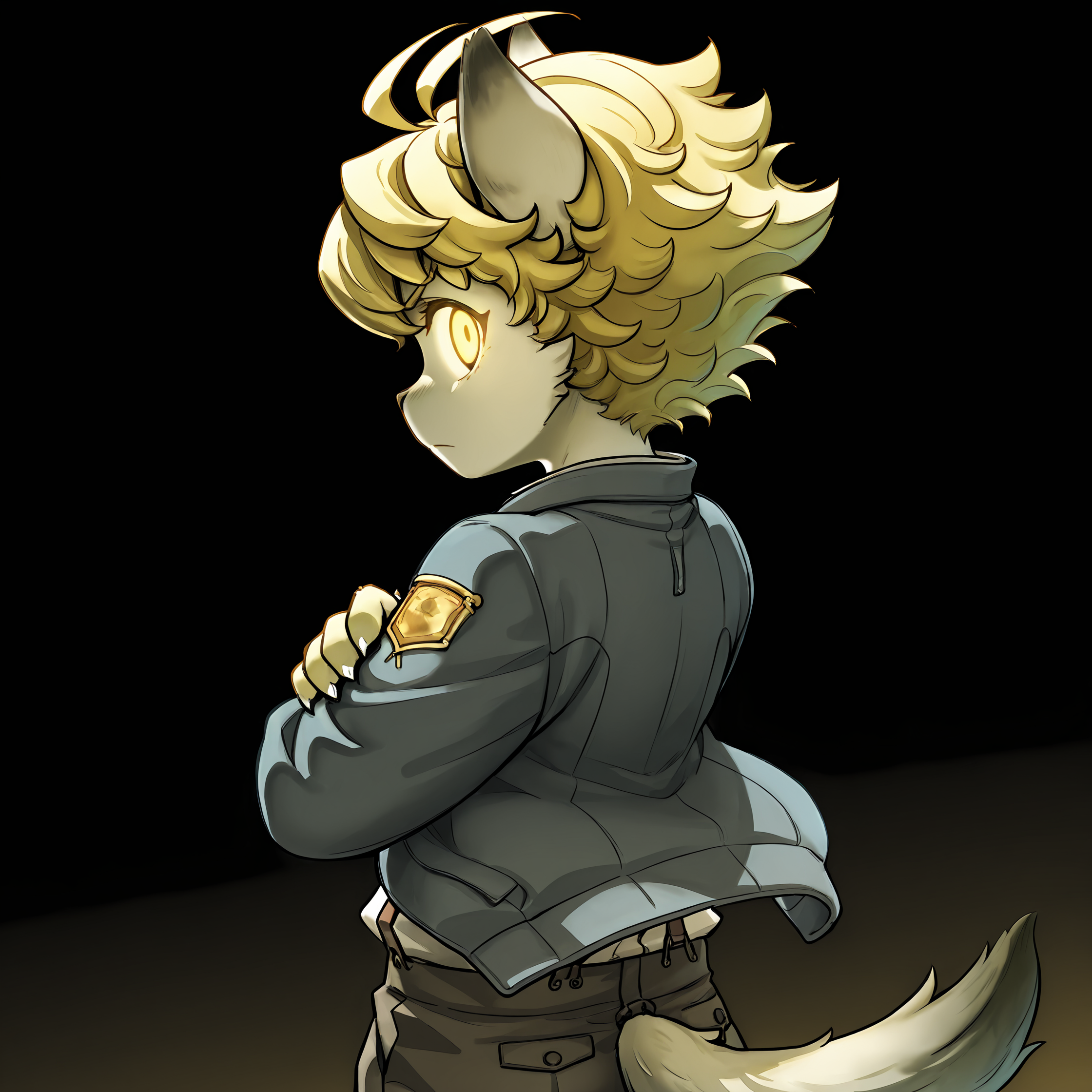 masterpiece, best quality, (absurdres), (highest quality), amazing quality, very aesthetic, no humans,
BREAK, <lora:Malt_Marzipan:1>, malt marzipan, fuga: melodies of steel, young male, 1boy, animal ears, yellow eyes, blonde hair, tail, glowing eyes,
BREAK, pants, suspenders, shirt, jacket, claws
BREAK, half body, simple background, looking at viewer, rear view, arms crossed, serious, stern
